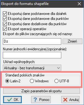 EWMAPA 13 - upgrade 13.16 - Wybór standardu polskich znaków podczas eksportu do SHP